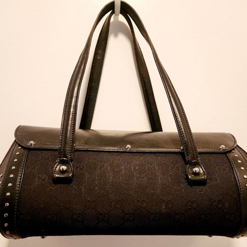 Authentic Gucci Monogram Bullet Satchel Handbag with Bamboo Accent & Dust Bag - Picture 6 of 16